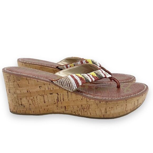 Sam Edelman Rosa Nude Ginger Beaded Thong Cork Wedge Sandal Flip Flop Size 8.5 - Picture 8 of 16